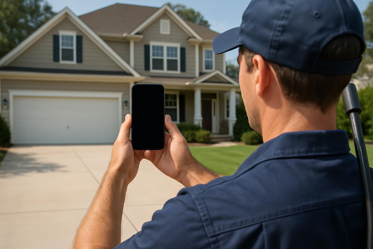 Pressure washing technician pointing his phone at a house while WashScan builds the quote